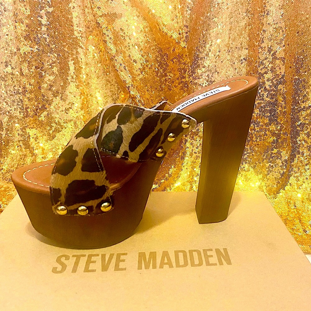 Leopard Print Platform Mule Heels - Brown Size 9 - Picture 7 of 11